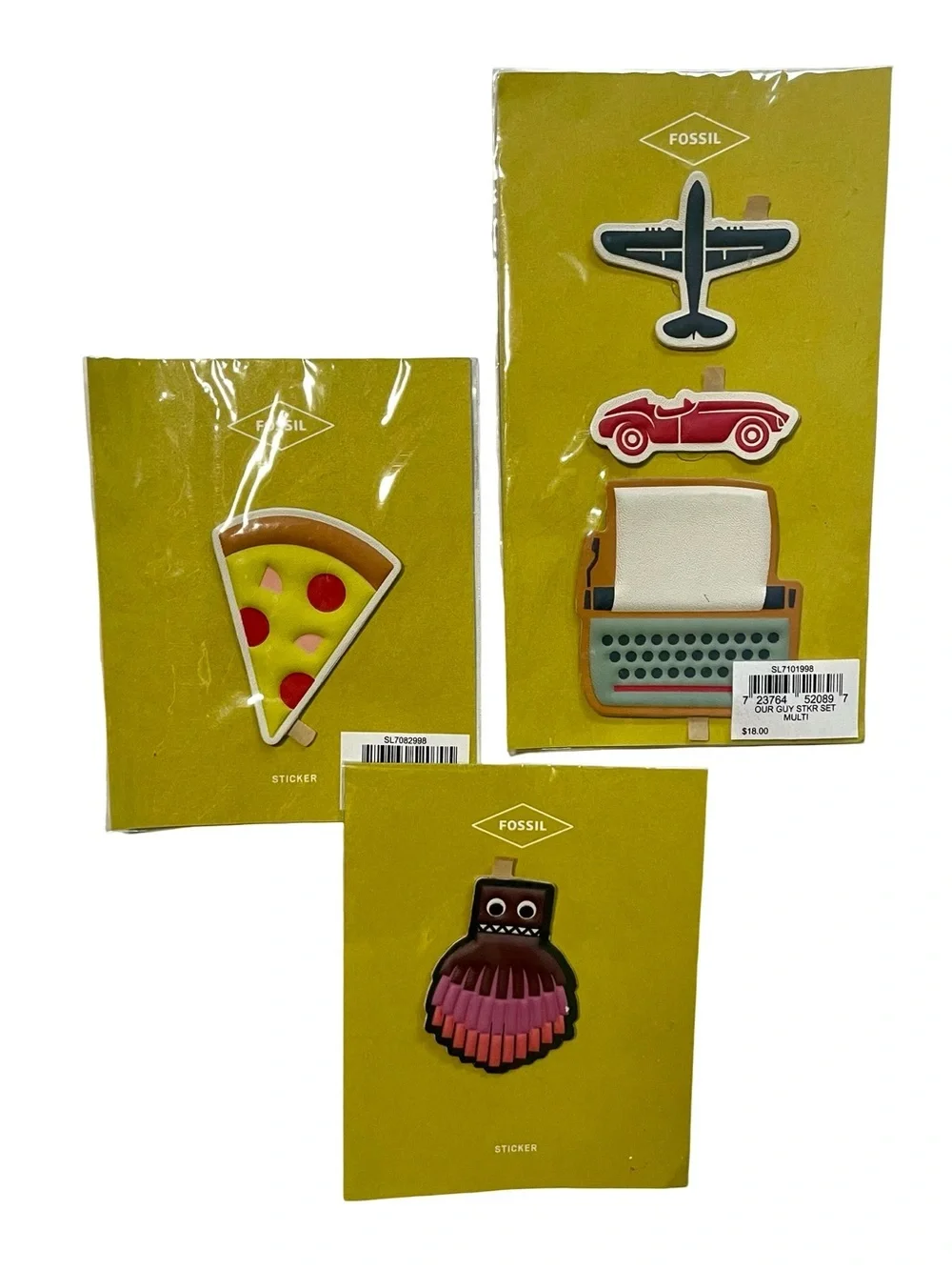 NEW Fossil Set of 3 Novelty PVC Stickers Pizza Airplane Typewriter